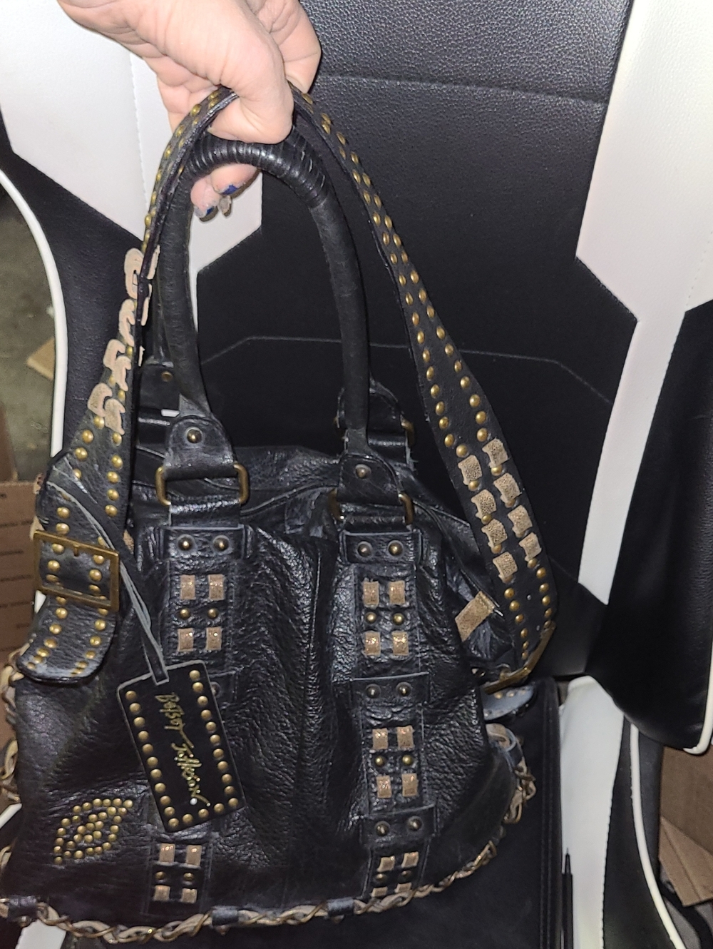 Betsey Johnson Black Studded Heavy Leather Tote Bag